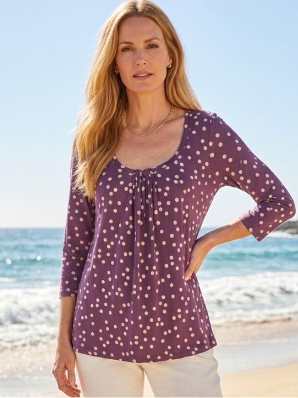 BODEN Top Tee Jersey Knit Polka Dot Scoop Neck Purple